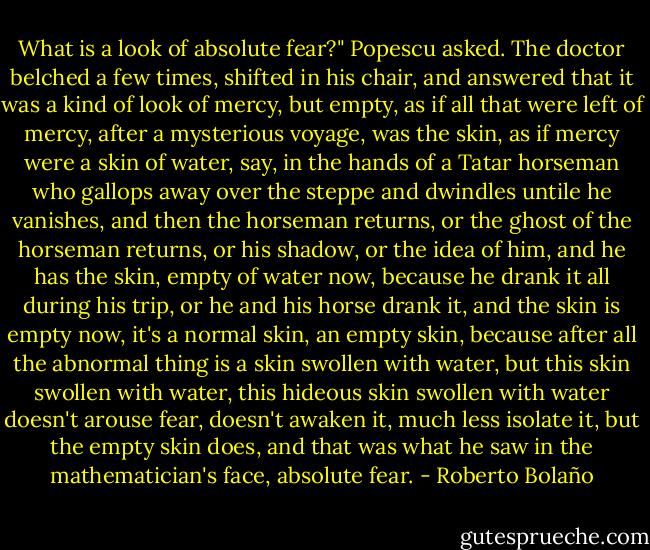 What is a look of absolute fear?" Popescu asked. The doctor belched a few times, shifted in his chair, and answered that it was a kind of look of mercy, but empty, as if all that were left of mercy, after a mysterious voyage, was the skin, as if mercy were a skin of water, say, in the hands of a Tatar horseman who gallops away over the steppe and dwindles untile he vanishes, and then the horseman returns, or the ghost of the horseman returns, or his shadow, or the idea of him, and he has the skin, empty of water now, because he drank it all during his trip, or he and his horse drank it, and the skin is empty now, it's a normal skin, an empty skin, because after all the abnormal thing is a skin swollen with water, but this skin swollen with water, this hideous skin swollen with water doesn't arouse fear, doesn't awaken it, much less isolate it, but the empty skin does, and that was what he saw in the mathematician's face, absolute fear. - Roberto Bolaño