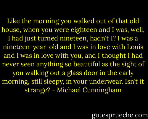 Like the morning you walked out of that old house, when you were eighteen and I was, well, I had just turned nineteen, hadn't I? I was a nineteen-year-old and I was in love with Louis and I was in love with you, and I thought I had never seen anything so beautiful as the sight of you walking out a glass door in the early morning, still sleepy, in your underwear. Isn't it strange? - Michael Cunningham