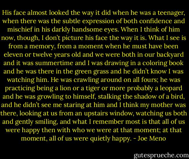 His face almost looked the way it did when he was a teenager, when there was the subtle expression of both confidence and mischief in his darkly handsome eyes. When I think of him now, though, I don’t picture his face the way it is. What I see is from a memory, from a moment when he must have been eleven or twelve years old and we were both in our backyard and it was summertime and I was drawing in a coloring book and he was there in the green grass and he didn’t know I was watching him. He was crawling around on all fours; he was practicing being a lion or a tiger or more probably a leopard and he was growling to himself, stalking the shadow of a bird, and he didn’t see me staring at him and I think my mother was there, looking at us from an upstairs window, watching us both and gently smiling, and what I remember most is that all of us were happy then with who we were at that moment; at that moment, all of us were quietly happy. - Joe Meno