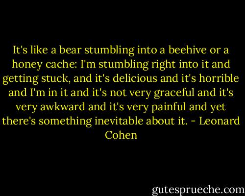 It's like a bear stumbling into a beehive or a honey cache: I'm stumbling right into it and getting stuck, and it's delicious and it's horrible and I'm in it and it's not very graceful and it's very awkward and it's very painful and yet there's something inevitable about it. - Leonard Cohen
