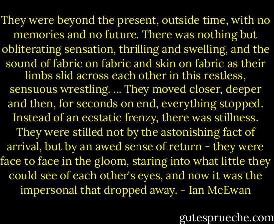 They were beyond the present, outside time, with no memories and no future. There was nothing but obliterating sensation, thrilling and swelling, and the sound of fabric on fabric and skin on fabric as their limbs slid across each other in this restless, sensuous wrestling. ... They moved closer, deeper and then, for seconds on end, everything stopped. Instead of an ecstatic frenzy, there was stillness. They were stilled not by the astonishing fact of arrival, but by an awed sense of return - they were face to face in the gloom, staring into what little they could see of each other's eyes, and now it was the impersonal that dropped away. - Ian McEwan