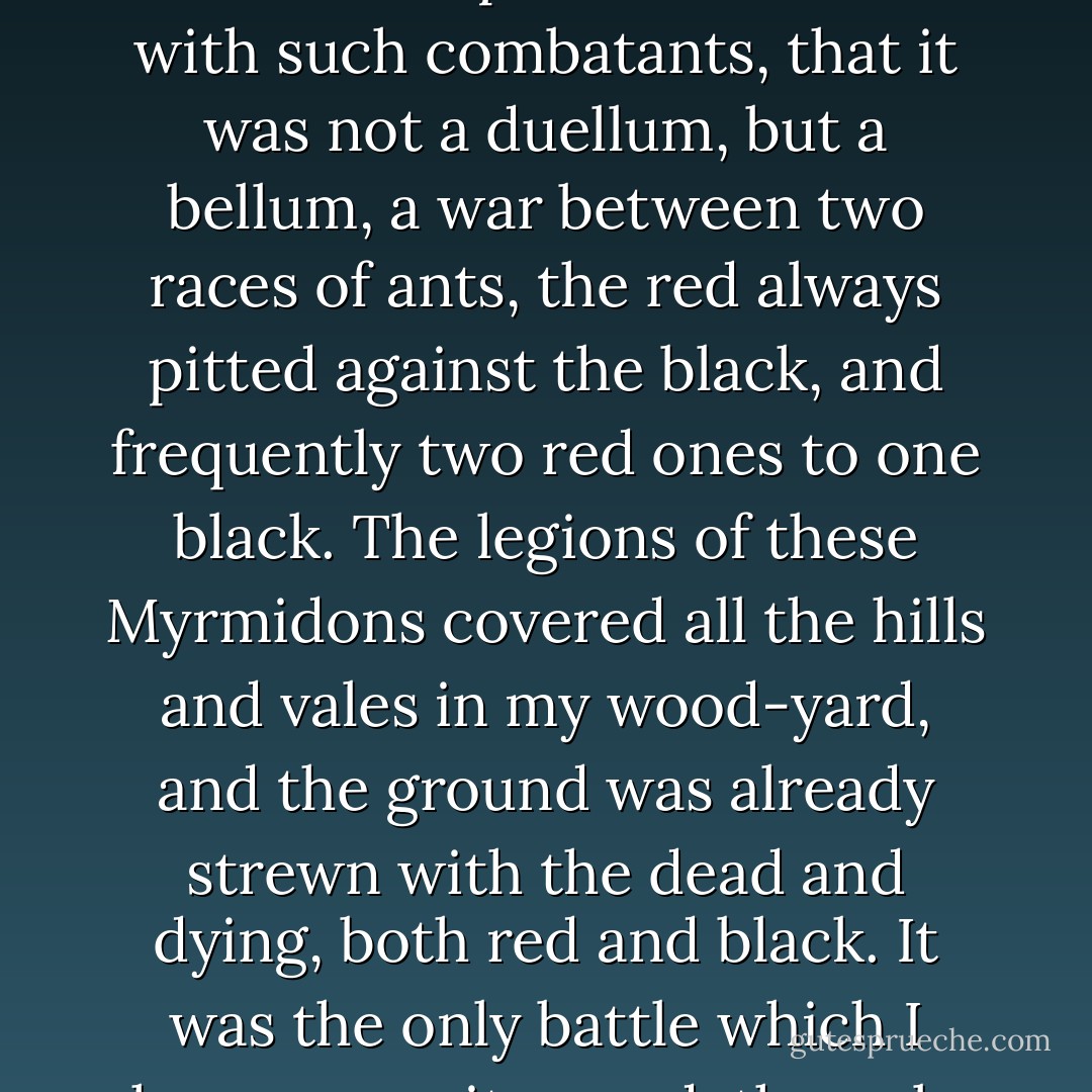 One day when I went out to my wood-pile, or rather my pile of stumps, I observed two large ants, the one red, the other much larger, nearly half an inch long, and black, fiercely contending with one another. Having once got hold they never let go, but struggled and wrestled and rolled on the chips incessantly. Looking farther, I was surprised to find that the chips were covered with such combatants, that it was not a duellum, but a bellum, a war between two races of ants, the red always pitted against the black, and frequently two red ones to one black. The legions of these Myrmidons covered all the hills and vales in my wood-yard, and the ground was already strewn with the dead and dying, both red and black. It was the only battle which I have ever witnessed, the only battle-field I ever trod while the battle was raging; internecine war; the red republicans on the one hand, and the black imperialists on the other. On every side they were engaged in deadly combat, yet without any noise that I could hear, and human soldiers never fought so resolutely. - Henry David Thoreau