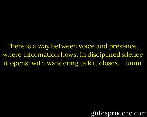 There is a way between voice and presence, where information flows.<br />In disciplined silence it opens; with wandering talk it closes. - Rumi