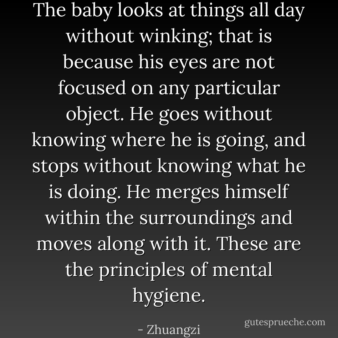 The baby looks at things all day without winking; that is because his eyes are not focused on any particular object. He goes without knowing where he is going, and stops without knowing what he is doing. He merges himself within the surroundings and moves along with it. These are the principles of mental hygiene. - Zhuangzi