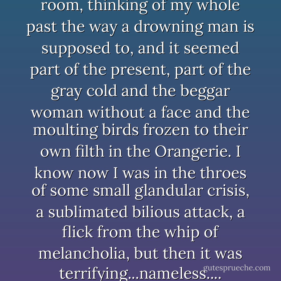 I sat in the gradually chilling room, thinking of my whole past the way a drowning man is supposed to, and it seemed part of the present, part of the gray cold and the beggar woman without a face and the moulting birds frozen to their own filth in the Orangerie. I know now I was in the throes of some small glandular crisis, a sublimated bilious attack, a flick from the whip of melancholia, but then it was terrifying...nameless.... - M.F.K. Fisher