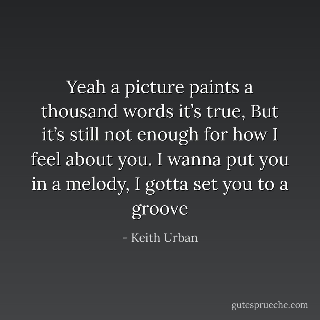 Yeah a picture paints a thousand words it’s true,<br />But it’s still not enough for how I feel about you.<br />I wanna put you in a melody, I gotta set you to a groove - Keith Urban