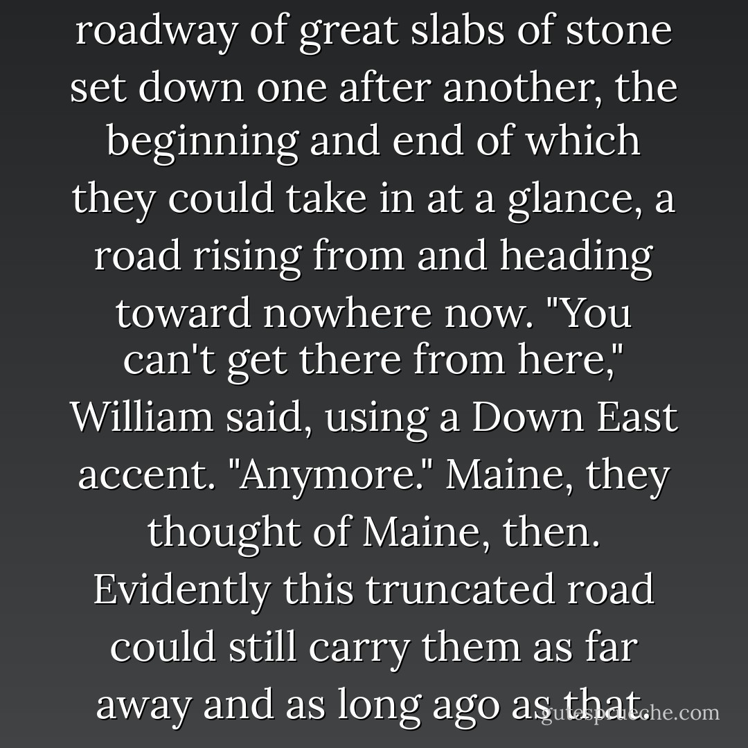 They were walking along a roadway of great slabs of stone set down one after another, the beginning and end of which they could take in at a glance, a road rising from and heading toward nowhere now.<br />"You can't get there from here," William said, using a Down East accent. "Anymore." Maine, they thought of Maine, then. Evidently this truncated road could still carry them as far away and as long ago as that. - Nancy Clark