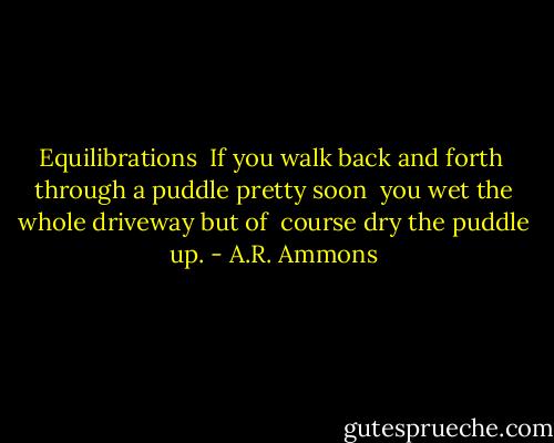 Equilibrations<br /><br />If you walk back<br />and forth<br /><br />through a puddle pretty<br />soon<br /><br />you wet the whole<br />driveway but of<br /><br />course dry<br />the puddle up. - A.R. Ammons