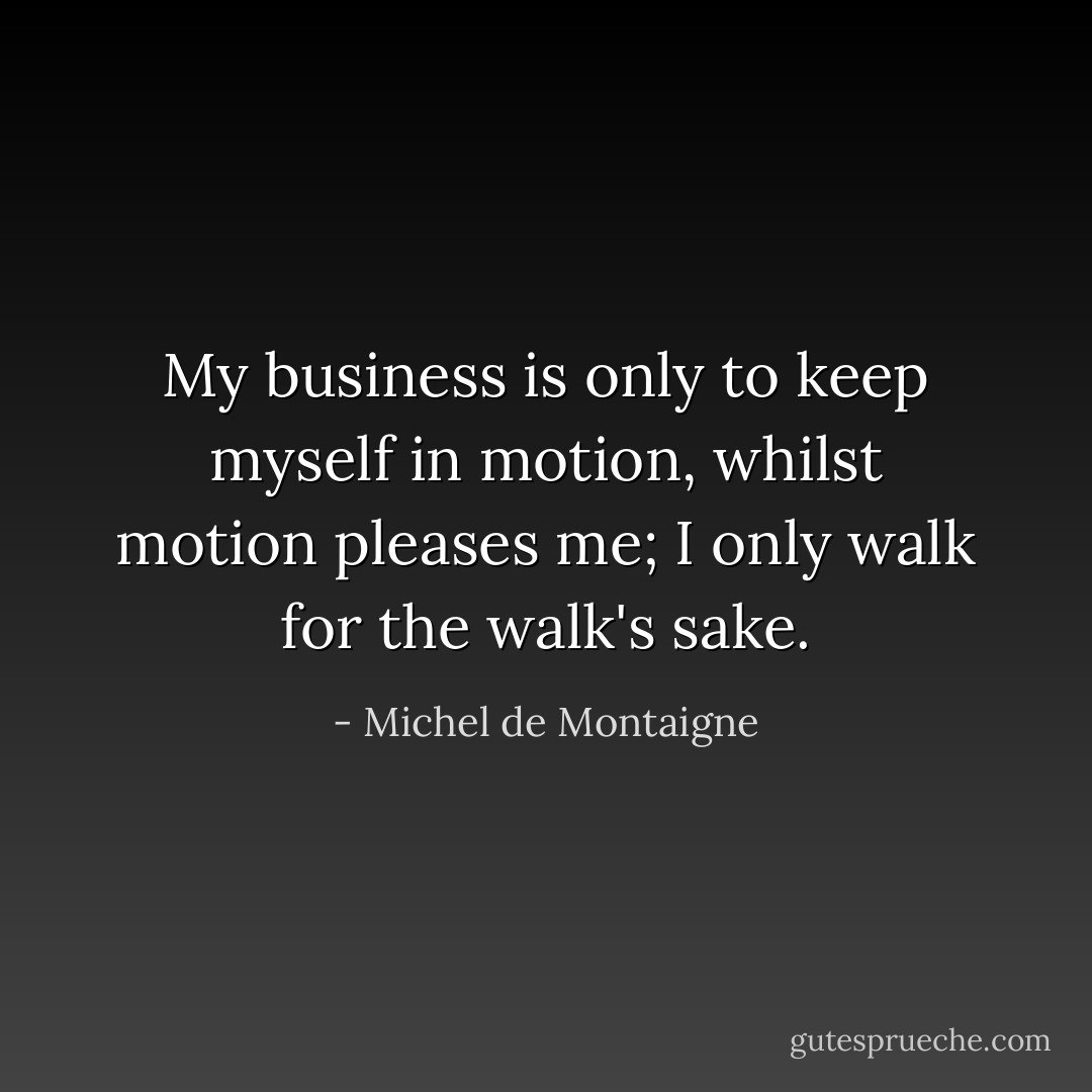 My business is only to keep myself in motion, whilst motion pleases me; I only walk for the walk's sake. - Michel de Montaigne