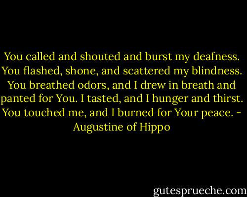 You called and shouted and burst my deafness. You flashed, shone, and scattered my blindness. You breathed odors, and I drew in breath and panted for You. I tasted, and I hunger and thirst. You touched me, and I burned for Your peace. - Augustine of Hippo