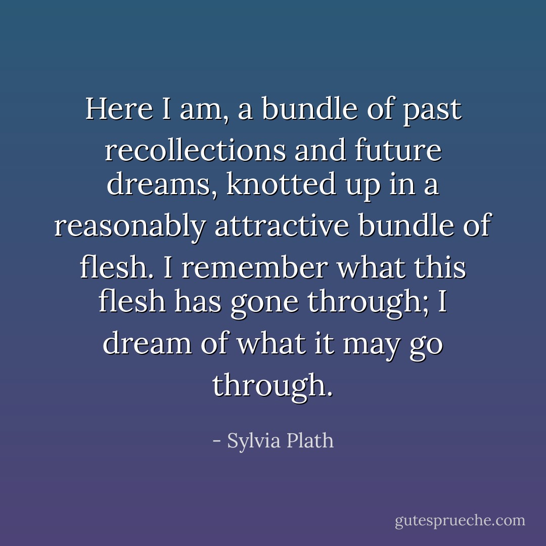 Here I am, a bundle of past recollections and future dreams, knotted up in a reasonably attractive bundle of flesh. I remember what this flesh has gone through; I dream of what it may go through. - Sylvia Plath