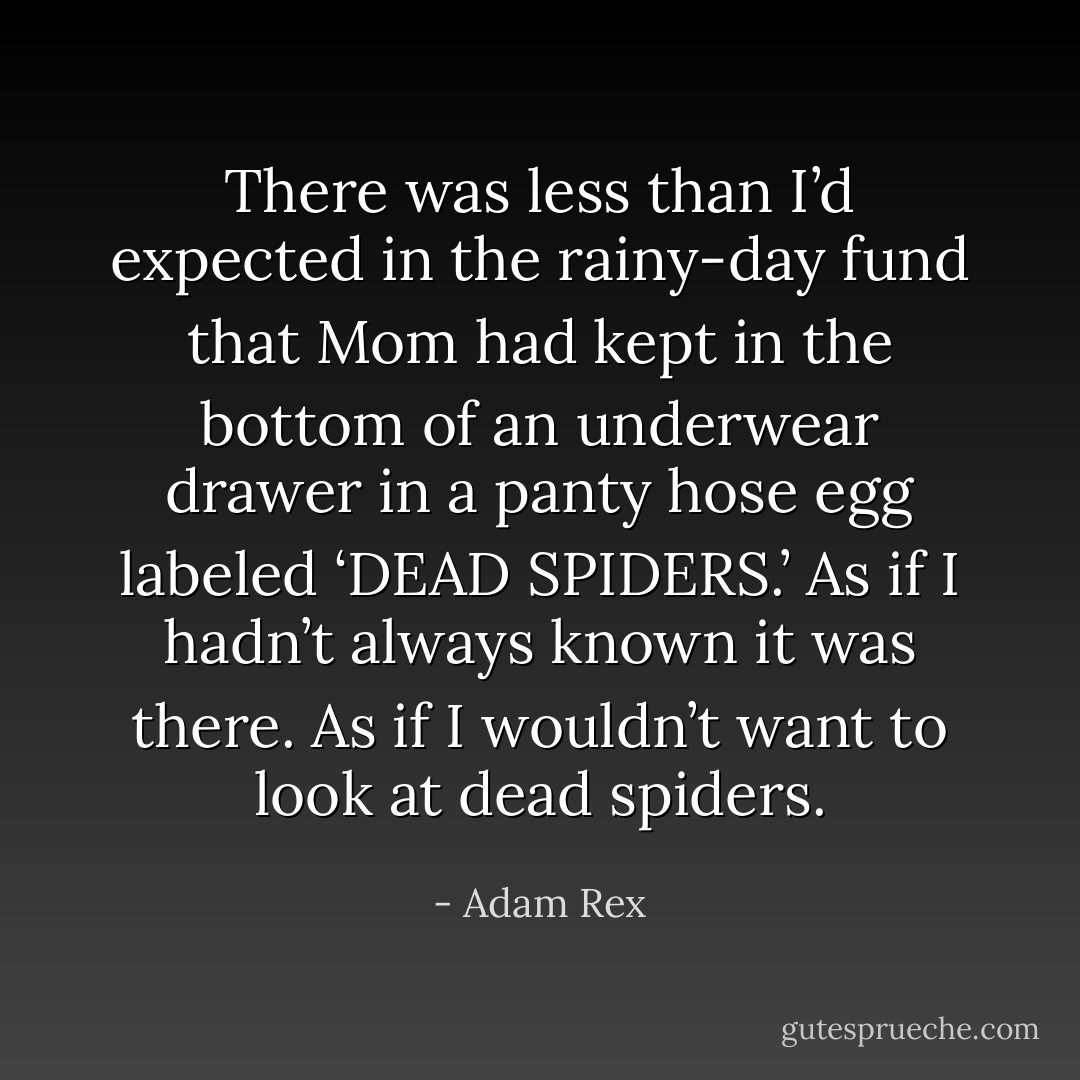 There was less than I’d expected in the rainy-day fund that Mom had kept in the bottom of an underwear drawer in a panty hose egg labeled ‘DEAD SPIDERS.’ As if I hadn’t always known it was there. As if I wouldn’t want to look at dead spiders. - Adam Rex