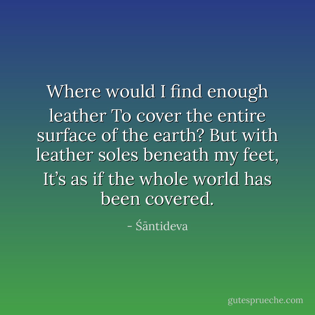 Where would I find enough leather<br />To cover the entire surface of the earth?<br />But with leather soles beneath my feet,<br />It’s as if the whole world has been covered. - Śāntideva
