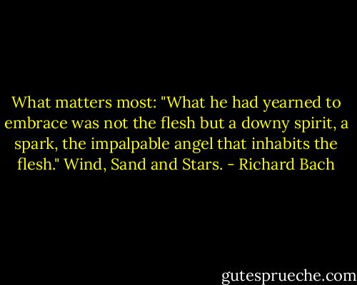What matters most:<br />"What he had yearned to embrace was not the flesh but a downy spirit, a spark, the impalpable angel that inhabits the flesh."<br />Wind, Sand and Stars. - Richard Bach