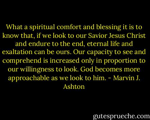 What a spiritual comfort and blessing it is to know that, if we look to our Savior Jesus Christ and endure to the end, eternal life and exaltation can be ours. Our capacity to see and comprehend is increased only in proportion to our willingness to look. God becomes more approachable as we look to him. - Marvin J. Ashton