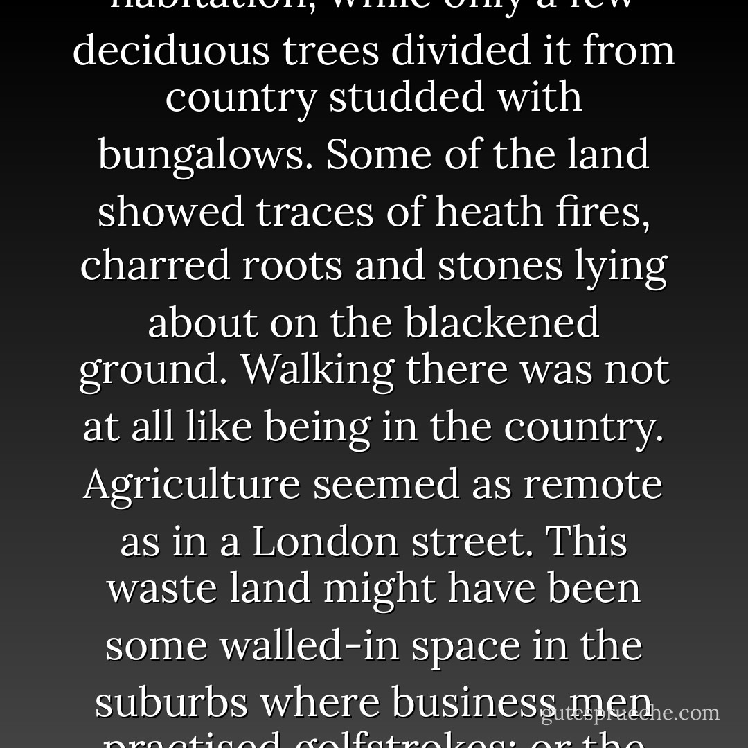 The common where we had walked the previous evening was a deserted tract of land, typical of Surrey, looking as if it might be miles from any habitation, while only a few deciduous trees divided it from country studded with bungalows. Some of the land showed traces of heath fires, charred roots and stones lying about on the blackened ground. Walking there was not at all like being in the country. Agriculture seemed as remote as in a London street. This waste land might have been some walled-in space in the suburbs where business men practised golfstrokes; or the corner of a cinema studio used for shooting wilderness scenes. It had neither memories of the past nor hope for the future. - Anthony Powell