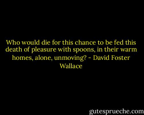 ‎Who would die for this chance to be fed this death of pleasure with spoons, in their warm homes, alone, unmoving? - David Foster Wallace