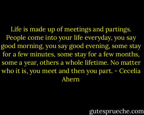 Life is made up of meetings and partings. People come into your life everyday, you say good morning, you say good evening, some stay for a few minutes, some stay for a few months, some a year, others a whole lifetime. No matter who it is, you meet and then you part. - Cecelia Ahern