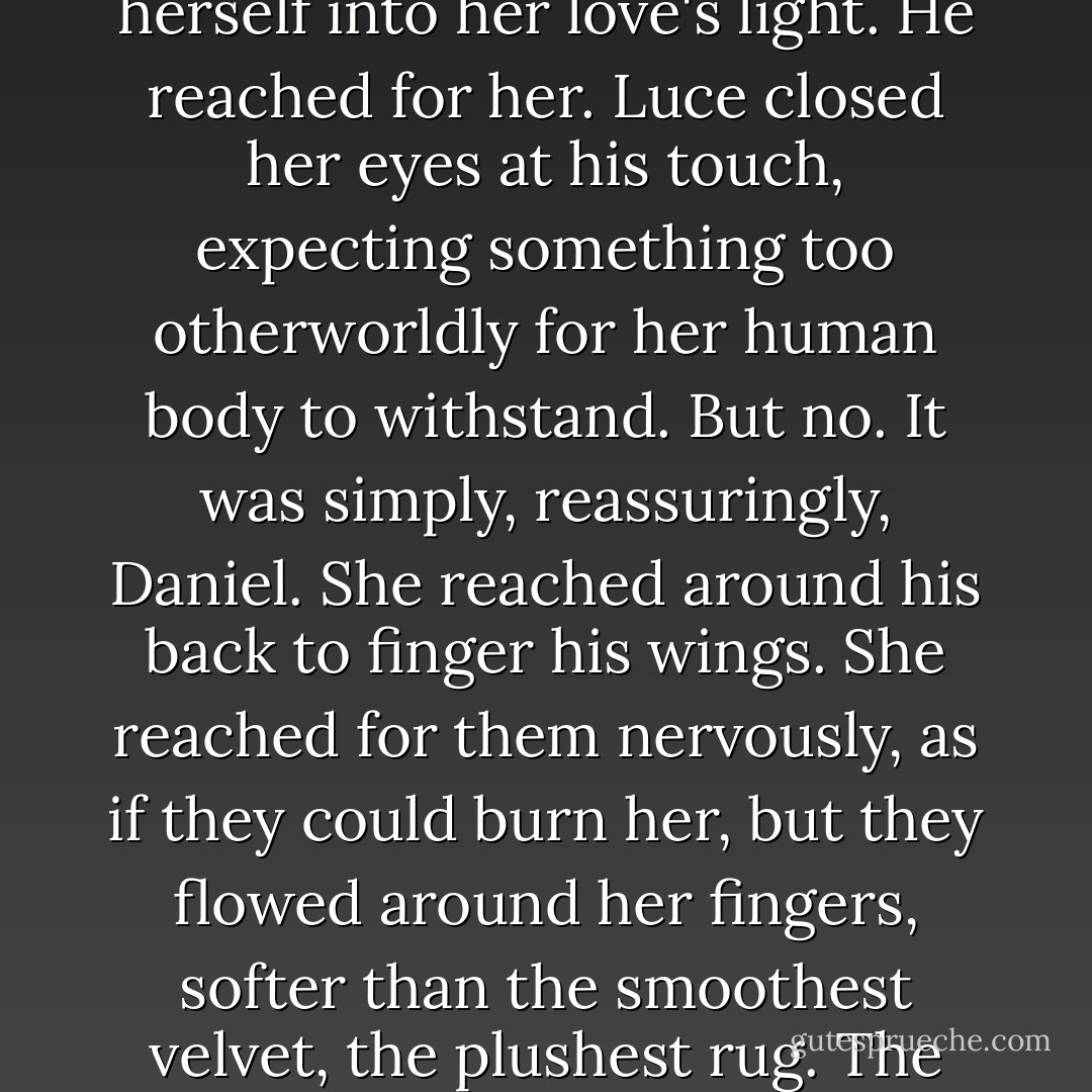 [Daniel] was still glowing, as if lit from within. She could still clearly see his violet-gray eyes and his full mouth. His strong hands and broad shoulders. She could reach out and fold herself into her love's light.<br />He reached for her. Luce closed her eyes at his touch, expecting something too otherworldly for her human body to withstand. But no. It was simply, reassuringly, Daniel.<br />She reached around his back to finger his wings. She reached for them nervously, as if they could burn her, but they flowed around her fingers, softer than the smoothest velvet, the plushest rug. The way she'd like to imagine that a fluffy, sun-drenched cloud would feel if she could cup it in her hands.<br />"You're so...beautiful. - Lauren Kate