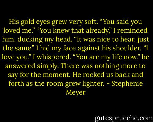 His gold eyes grew very soft. “You said you loved me.”<br />“You knew that already,” I reminded him, ducking my head.<br />“It was nice to hear, just the same.”<br />I hid my face against his shoulder.<br />“I love you,” I whispered.<br />“You are my life now,” he answered simply.<br />There was nothing more to say for the moment. He rocked us back and forth as the room grew lighter. - Stephenie Meyer
