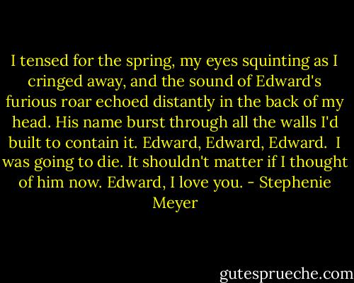 I tensed for the spring, my eyes squinting as I cringed away, and the sound of Edward's furious roar echoed distantly in the back of my head. His name burst through all the walls I'd built to contain it. Edward, Edward, Edward. <br />I was going to die. It shouldn't matter if I thought of him now. Edward, I love you. - Stephenie Meyer