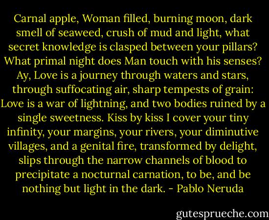 Carnal apple, Woman filled, burning moon,<br />dark smell of seaweed, crush of mud and light,<br />what secret knowledge is clasped between your pillars?<br />What primal night does Man touch with his senses?<br />Ay, Love is a journey through waters and stars,<br />through suffocating air, sharp tempests of grain:<br />Love is a war of lightning,<br />and two bodies ruined by a single sweetness.<br />Kiss by kiss I cover your tiny infinity,<br />your margins, your rivers, your diminutive villages,<br />and a genital fire, transformed by delight,<br />slips through the narrow channels of blood<br />to precipitate a nocturnal carnation,<br />to be, and be nothing but light in the dark. - Pablo Neruda