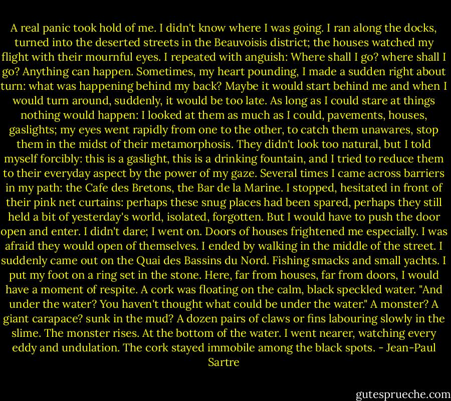 A real panic took hold of me. I didn't know where I was going. I ran along the docks, turned into the deserted streets in the Beauvoisis district; the houses watched my flight with their mournful eyes. I repeated with anguish: Where shall I go? where shall I go? Anything can happen. Sometimes, my heart pounding, I made a sudden right about turn: what was happening behind my back? Maybe it would start behind me and when I would turn around, suddenly, it would be too late. As long as I could stare at things nothing would happen: I looked at them as much as I could, pavements, houses, gaslights; my eyes went rapidly from one to the other, to catch them unawares, stop them in the midst of their metamorphosis. They didn't look too natural, but I told myself forcibly: this is a gaslight, this is a drinking fountain, and I tried to reduce them to their everyday aspect by the power of my gaze. Several times I came across barriers in my path: the Cafe des Bretons, the Bar de la Marine. I stopped, hesitated in front of their pink net curtains: perhaps these snug places had been spared, perhaps they still held a bit of yesterday's world, isolated, forgotten. But I would have to push the door open and enter. I didn't dare; I went on. Doors of houses frightened me especially. I was afraid they would open of themselves. I ended by walking in the middle of the street.<br />I suddenly came out on the Quai des Bassins du Nord. Fishing smacks and small yachts. I put my foot on a ring set in the stone. Here, far from houses, far from doors, I would have a moment of respite. A cork was floating on the calm, black speckled water.<br />"And under the water? You haven't thought what could be under the water."<br />A monster? A giant carapace? sunk in the mud? A dozen pairs of claws or fins labouring slowly in the slime. The monster rises. At the bottom of the water. I went nearer, watching every eddy and undulation. The cork stayed immobile among the black spots. - Jean-Paul Sartre