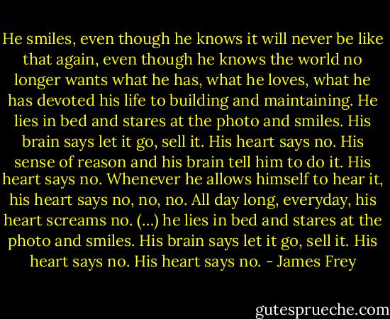 He smiles, even though he knows it will never be like that again, even though he knows the world no longer wants what he has, what he loves, what he has devoted his life to building and maintaining. He lies in bed and stares at the photo and smiles. His brain says let it go, sell it. His heart says no. His sense of reason and his brain tell him to do it. His heart says no. Whenever he allows himself to hear it, his heart says no, no, no. All day long, everyday, his heart screams no. (…) he lies in bed and stares at the photo and smiles. His brain says let it go, sell it. His heart says no.<br />His heart says no. - James Frey