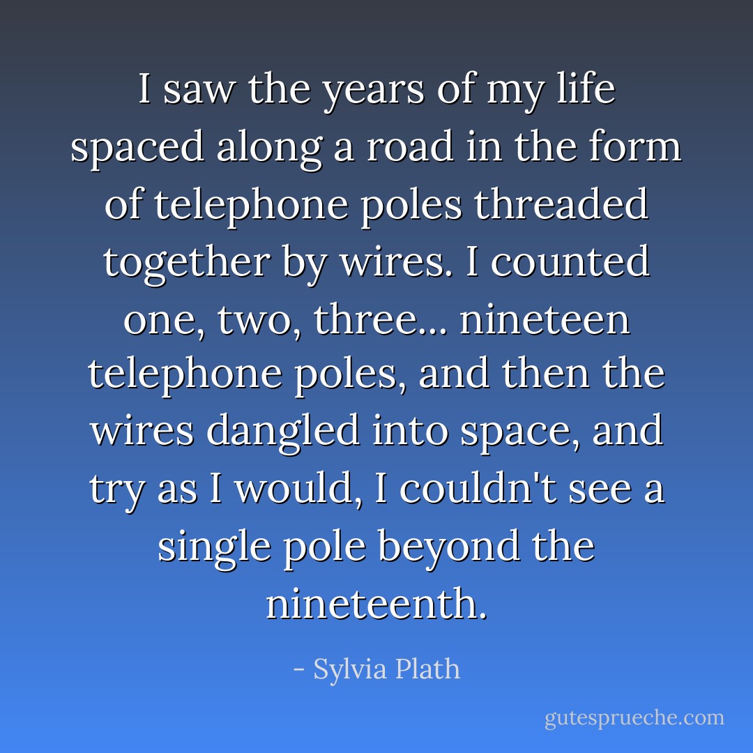 I saw the years of my life spaced along a road in the form of telephone poles threaded together by wires. I counted one, two, three... nineteen telephone poles, and then the wires dangled into space, and try as I would, I couldn't see a single pole beyond the nineteenth. - Sylvia Plath