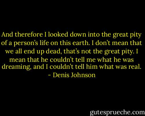 And therefore I looked down into the great pity of a person’s life on this earth. I don’t mean that we all end up dead, that’s not the great pity. I mean that he couldn’t tell me what he was dreaming, and I couldn’t tell him what was real. - Denis Johnson