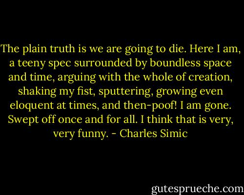 The plain truth is we are going to die. Here I am, a teeny spec surrounded by boundless space and time, arguing with the whole of creation, shaking my fist, sputtering, growing even eloquent at times, and then-poof! I am gone. Swept off once and for all. I think that is very, very funny. - Charles Simic