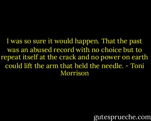 I was so sure it would happen. That the past was an abused record with no choice but to repeat itself at the crack and no power on earth could lift the arm that held the needle. - Toni Morrison