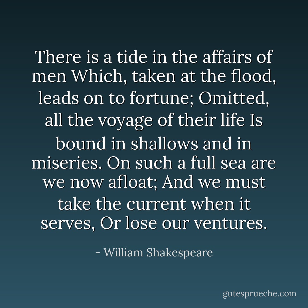 There is a tide in the affairs of men<br />Which, taken at the flood, leads on to fortune;<br />Omitted, all the voyage of their life<br />Is bound in shallows and in miseries.<br />On such a full sea are we now afloat;<br />And we must take the current when it serves,<br />Or lose our ventures. - William Shakespeare