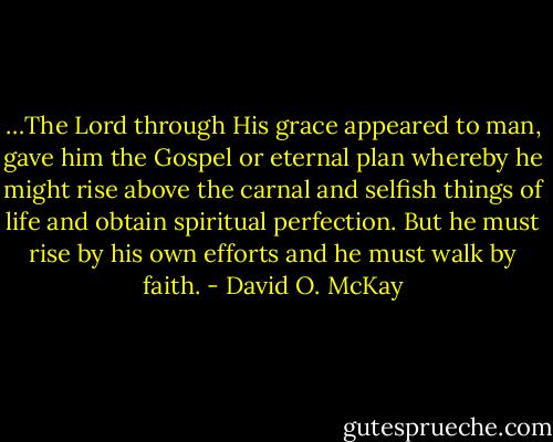 …The Lord through His grace appeared to man, gave him the Gospel or eternal plan whereby he might rise above the carnal and selfish things of life and obtain spiritual perfection. But he must rise by his own efforts and he must walk by faith. - David O. McKay