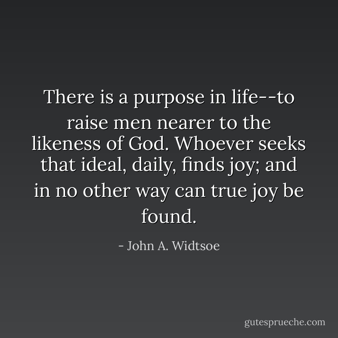 There is a purpose in life--to raise men nearer to the likeness of God. Whoever seeks that ideal, daily, finds joy; and in no other way can true joy be found. - John A. Widtsoe