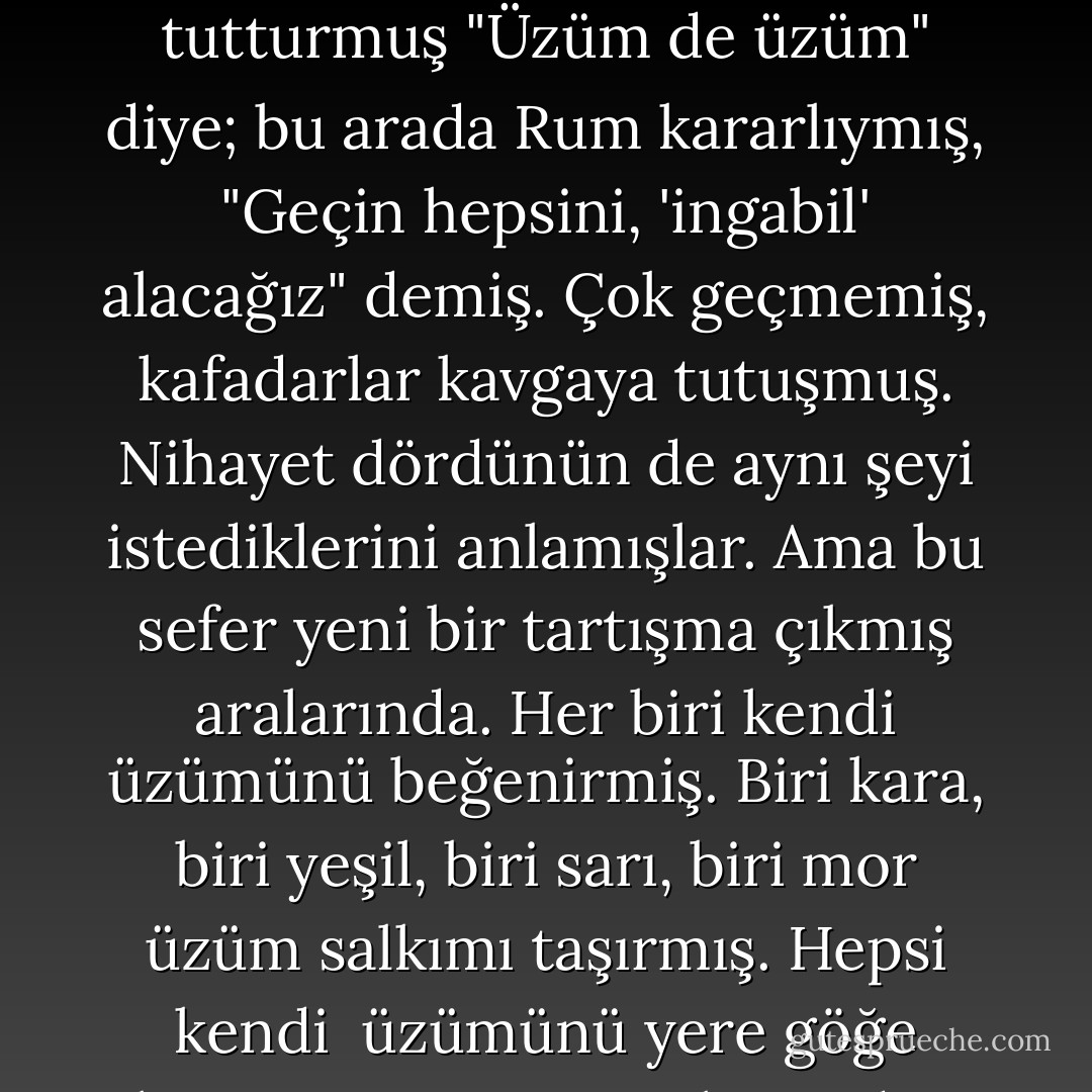 Müsaadenle bir hikâye anlatayım?" dedi Şems. Ve işte şunu nakletti. <br />Vaktiyle biri Farisi, biri Arap, biri Türk, biri Rum dört ortak varmış. Ellerine geçen parayla ne yapacaklarına karar <br />verememişler. Farisi, "Haydi, 'engür' alalım" demiş; Arap'sa "O da ne öyle, istemem; 'ineb' alalım" demiş; Türk'se tutturmuş "Üzüm de üzüm" diye; bu arada Rum kararlıymış, "Geçin hepsini, 'ingabil' alacağız" demiş. Çok geçmemiş, kafadarlar kavgaya tutuşmuş. Nihayet dördünün de aynı şeyi istediklerini anlamışlar. Ama bu sefer yeni bir tartışma çıkmış aralarında. Her biri kendi üzümünü beğenirmiş. Biri kara, biri yeşil, biri sarı, biri mor üzüm salkımı taşırmış. Hepsi kendi <br />üzümünü yere göğe koyamazmış. Neyse ki oradan gönüllere tercüman bir Sufi geçiyormuş. Kavga ettiklerini duyunca dört satıcıdan birer salkım üzüm almış, bir kaba koyup üzümleri ezmiş. Üzümün suyunu çıkarıp kabuğunu atmış. Çünkü aslolan meyvenin özüymüş, posası değil. - Elif Shafak