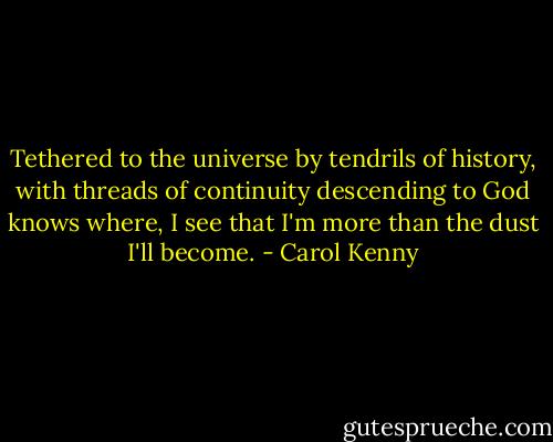 Tethered to the universe by tendrils of history, with threads of continuity descending to God knows where, I see that I'm more than the dust I'll become. - Carol Kenny