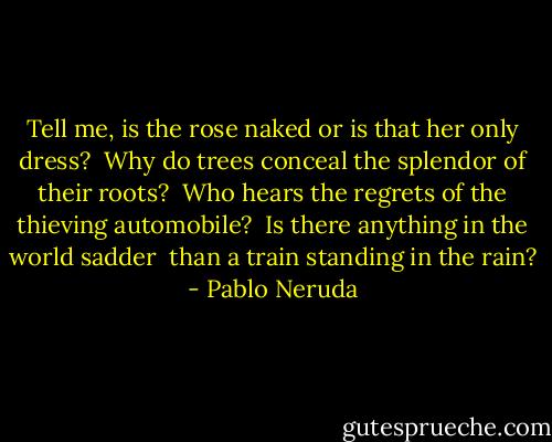 Tell me, is the rose naked<br />or is that her only dress?<br /><br />Why do trees conceal<br />the splendor of their roots?<br /><br />Who hears the regrets<br />of the thieving automobile?<br /><br />Is there anything in the world sadder <br />than a train standing in the rain? - Pablo Neruda