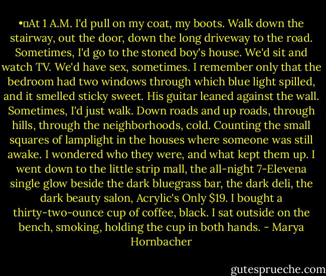 •	At 1 A.M. I'd pull on my coat, my boots. Walk down the stairway, out the door, down the long driveway to the road. Sometimes, I'd go to the stoned boy's house. We'd sit and watch TV. We'd have sex, sometimes. I remember only that the bedroom had two windows through which blue light spilled, and it smelled sticky sweet. His guitar leaned against the wall. Sometimes, I'd just walk. Down roads and up roads, through hills, through the neighborhoods, cold. Counting the small squares of lamplight in the houses where someone was still awake. I wondered who they were, and what kept them up. I went down to the little strip mall, the all-night 7-Elevena single glow beside the dark bluegrass bar, the dark deli, the dark beauty salon, Acrylic's Only $19. I bought a thirty-two-ounce cup of coffee, black. I sat outside on the bench, smoking, holding the cup in both hands. - Marya Hornbacher