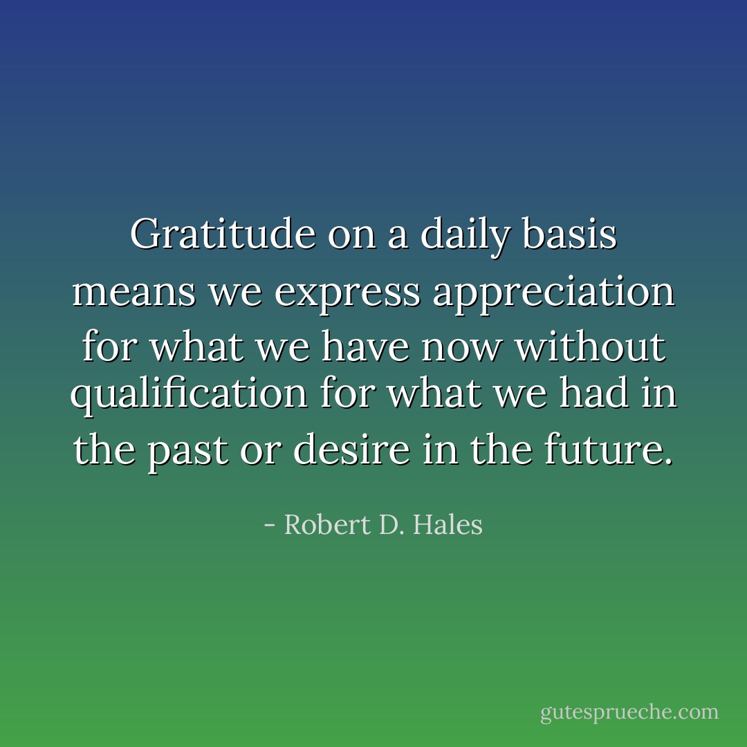Gratitude on a daily basis means we express appreciation for what we have now without qualification for what we had in the past or desire in the future. - Robert D. Hales