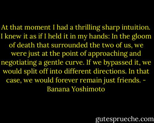 At that moment I had a thrilling sharp intuition. I knew it as if I held it in my hands: In the gloom of death that surrounded the two of us, we were just at the point of approaching and negotiating a gentle curve. If we bypassed it, we would split off into different directions. In that case, we would forever remain just friends. - Banana Yoshimoto