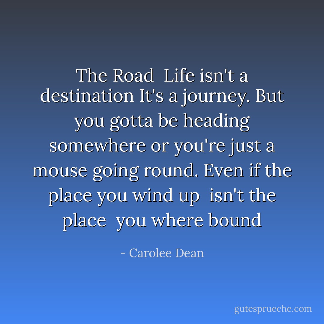 The Road<br /><br />Life isn't a destination<br />It's a journey.<br />But you gotta be heading somewhere<br />or you're just a mouse<br />going round.<br />Even if<br />the place you wind up <br />isn't the place <br />you where bound - Carolee Dean