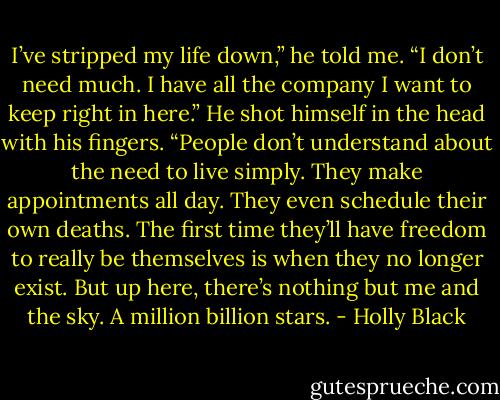 I’ve stripped my life down,” he told me. “I don’t need much. I have all the company I want to keep right in here.” He shot himself in the head with his fingers. “People don’t understand about the need to live simply. They make appointments all day. They even schedule their own deaths. The first time they’ll have freedom to really be themselves is when they no longer exist. But up here, there’s nothing but me and the sky. A million billion stars. - Holly Black
