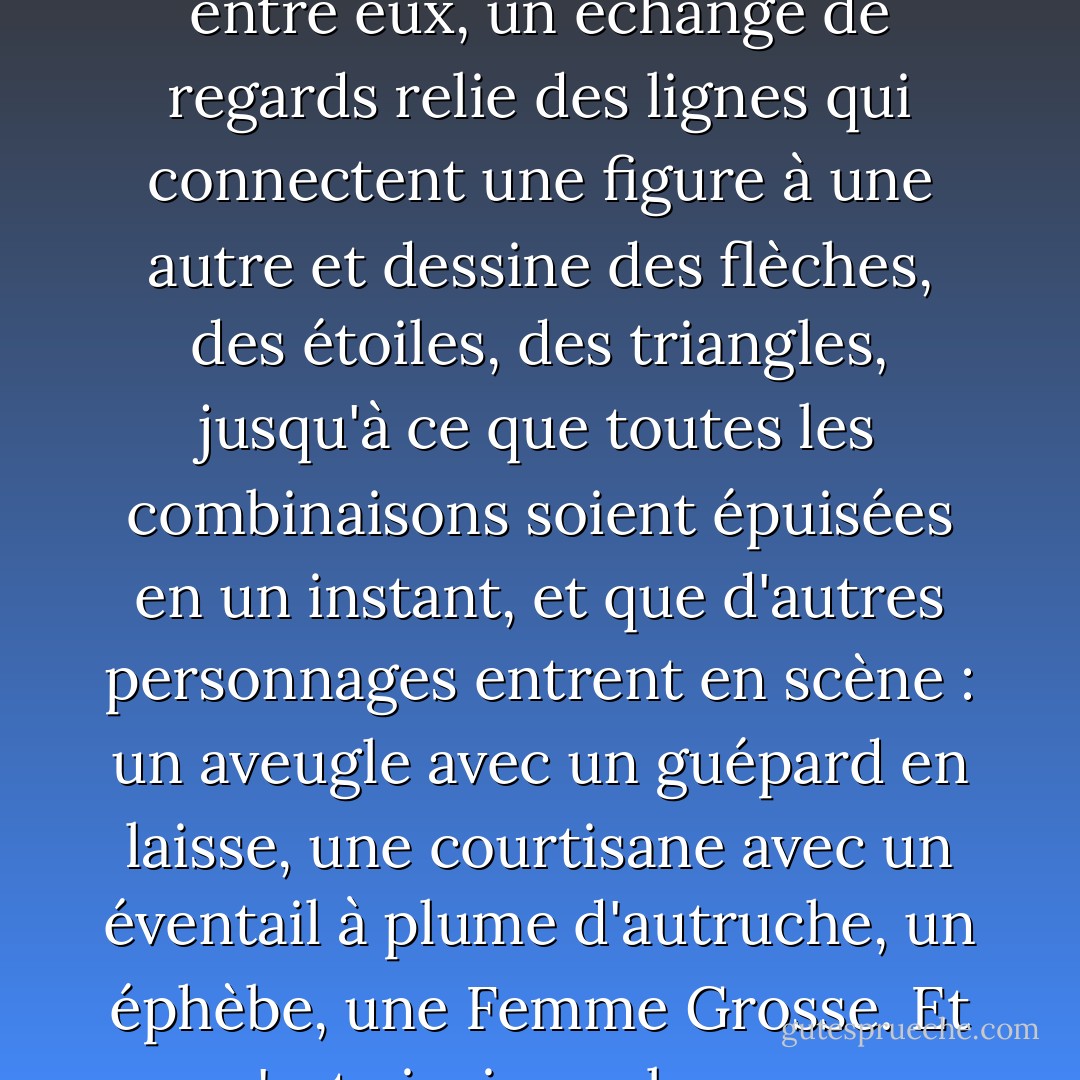 A Chloé, une grande ville, les gens qui circulent dans les rues sont tous des inconnus. A chaque rencontre, ils imaginent mille choses les uns sur les autres ; des rencontres qui pourraient avoir lieu entre eux, des conversations, des surprises, des caresses, des morsures. Mais personne ne salue personne ; les yeux se fixent une seconde, puis s'éloignent, cherchant d'autres yeux, sans jamais s'arrêter.<br /> <br />Une fille passe, faisant tournoyer une ombrelle sur son épaule, et tournoyant légèrement aussi ses hanches arrondies. Une femme en noir s'avance, montrant tout son âge, les yeux agités sous son voile, les lèvres tremblantes. Un géant tatoué arrive, un jeune homme aux cheveux blancs, une femme naine, deux filles, des jumelles, vêtues de corail. Quelque chose circule entre eux, un échange de regards relie des lignes qui connectent une figure à une autre et dessine des flèches, des étoiles, des triangles, jusqu'à ce que toutes les combinaisons soient épuisées en un instant, et que d'autres personnages entrent en scène : un aveugle avec un guépard en laisse, une courtisane avec un éventail à plume d'autruche, un éphèbe, une Femme Grosse. Et c'est ainsi que, lorsque quelques personnes se trouvent réunies par hasard, s'abritant de la pluie sous une arcade, ou se pressant sous un auvent du bazar, ou s'arrêtant pour écouter la fanfare sur la place, des rencontres, des séductions, des copulations, des orgies se consomment entre elles sans qu'un mot soit échangé, sans qu'un doigt touche quoi que ce soit, presque sans qu'un œil soit levé. <br /><br /> Une vibration voluptueuse agite constamment Chloé, la plus chaste des villes. Si les hommes et les femmes se mettaient à vivre leurs rêves éphémères, chaque fantôme deviendrait une personne avec qui commencer une histoire de poursuites, de faux-semblants, de malentendus, de heurts, d'oppressions, et le carrousel des fantasmes s'arrêterait. - Italo Calvino