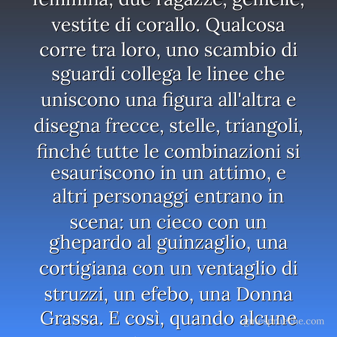 A Cloe, una grande città, le persone che si muovono per le strade sono tutte sconosciute. A ogni incontro, immaginano mille cose l'uno dell'altro; incontri che potrebbero avvenire tra loro, conversazioni, sorprese, carezze, morsi. Ma nessuno saluta nessuno; gli occhi si bloccano per un secondo, poi si allontanano, cercano altri occhi, senza mai fermarsi.<br /> <br /> Arriva una ragazza che fa roteare un ombrellino sulla spalla, e rotea leggermente anche i fianchi arrotondati. Arriva una donna in nero, che mostra tutta la sua età, gli occhi inquieti sotto il velo, le labbra tremanti. Arriva un gigante tatuato; un giovane dai capelli bianchi; un nano femmina; due ragazze, gemelle, vestite di corallo. Qualcosa corre tra loro, uno scambio di sguardi collega le linee che uniscono una figura all'altra e disegna frecce, stelle, triangoli, finché tutte le combinazioni si esauriscono in un attimo, e altri personaggi entrano in scena: un cieco con un ghepardo al guinzaglio, una cortigiana con un ventaglio di struzzi, un efebo, una Donna Grassa. E così, quando alcune persone si trovano per caso insieme, riparandosi dalla pioggia sotto un porticato, o affollandosi sotto un tendone del bazar, o fermandosi ad ascoltare la banda in piazza, si consumano tra loro incontri, seduzioni, copulazioni, orge, senza che si scambino una parola, senza che un dito tocchi nulla, quasi senza che si alzi un occhio. <br /><br /> Una vibrazione voluttuosa agita costantemente Cloe, la più casta delle città. Se uomini e donne cominciassero a vivere i loro sogni effimeri, ogni fantasma diventerebbe una persona con cui iniziare una storia di inseguimenti, finzioni, incomprensioni, scontri, oppressioni, e la giostra delle fantasie si fermerebbe. - Italo Calvino