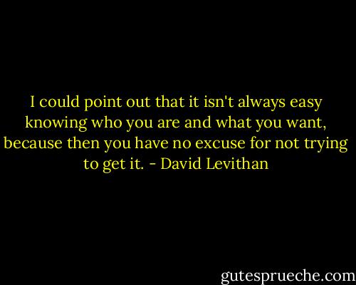 I could point out that it isn't always easy knowing who you are and what you want, because then you have no excuse for not trying to get it. - David Levithan