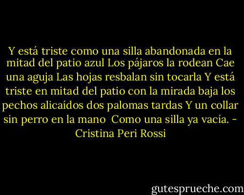 Y está triste<br />como una silla abandonada<br />en la mitad del patio azul<br />Los pájaros la rodean<br />Cae una aguja<br />Las hojas resbalan<br />sin tocarla<br />Y está triste<br />en mitad del patio<br />con la mirada baja<br />los pechos alicaídos<br />dos palomas tardas<br />Y un collar<br />sin perro<br />en la mano<br /><br />Como una silla ya vacía. - Cristina Peri Rossi