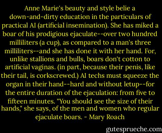 Anne Marie's beauty and style belie a down-and-dirty education in the particulars of practical AI (artificial insemination). She has miked a boar of his prodigious ejaculate--over two hundred milliliters (a cup), as compared to a man's three milliliters--and she has done it with her hand. For, unlike stallions and bulls, boars don't cotton to artificial vaginas. (in part, because their penis, like their tail, is corkscrewed.) AI techs must squeeze the organ in their hand--hard and without letup--for the entire duration of the ejaculation: from five to fifteen minutes. "You should see the size of their hands," she says, of the men and women who regular ejaculate boars. - Mary Roach