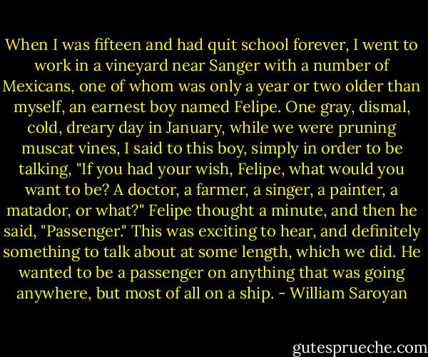 When I was fifteen and had quit school forever, I went to work in a vineyard near Sanger with a number of Mexicans, one of whom was only a year or two older than myself, an earnest boy named Felipe. One gray, dismal, cold, dreary day in January, while we were pruning muscat vines, I said to this boy, simply in order to be talking, "If you had your wish, Felipe, what would you want to be? A doctor, a farmer, a singer, a painter, a matador, or what?" Felipe thought a minute, and then he said, "Passenger." This was exciting to hear, and definitely something to talk about at some length, which we did. He wanted to be a passenger on anything that was going anywhere, but most of all on a ship. - William Saroyan