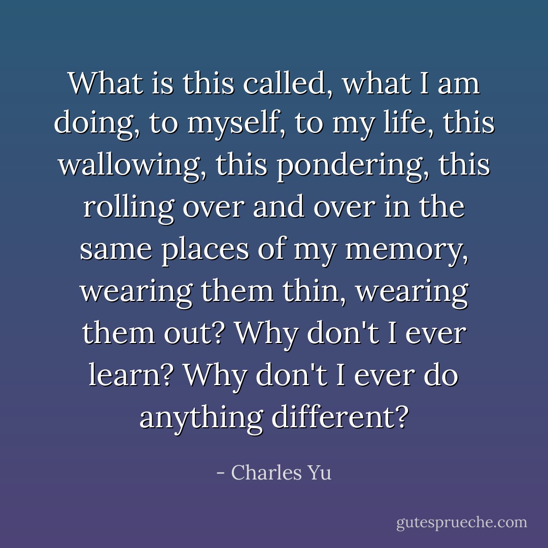 What is this called, what I am doing, to myself, to my life, this wallowing, this pondering, this rolling over and over in the same places of my memory, wearing them thin, wearing them out? Why don't I ever learn? Why don't I ever do anything different? - Charles Yu
